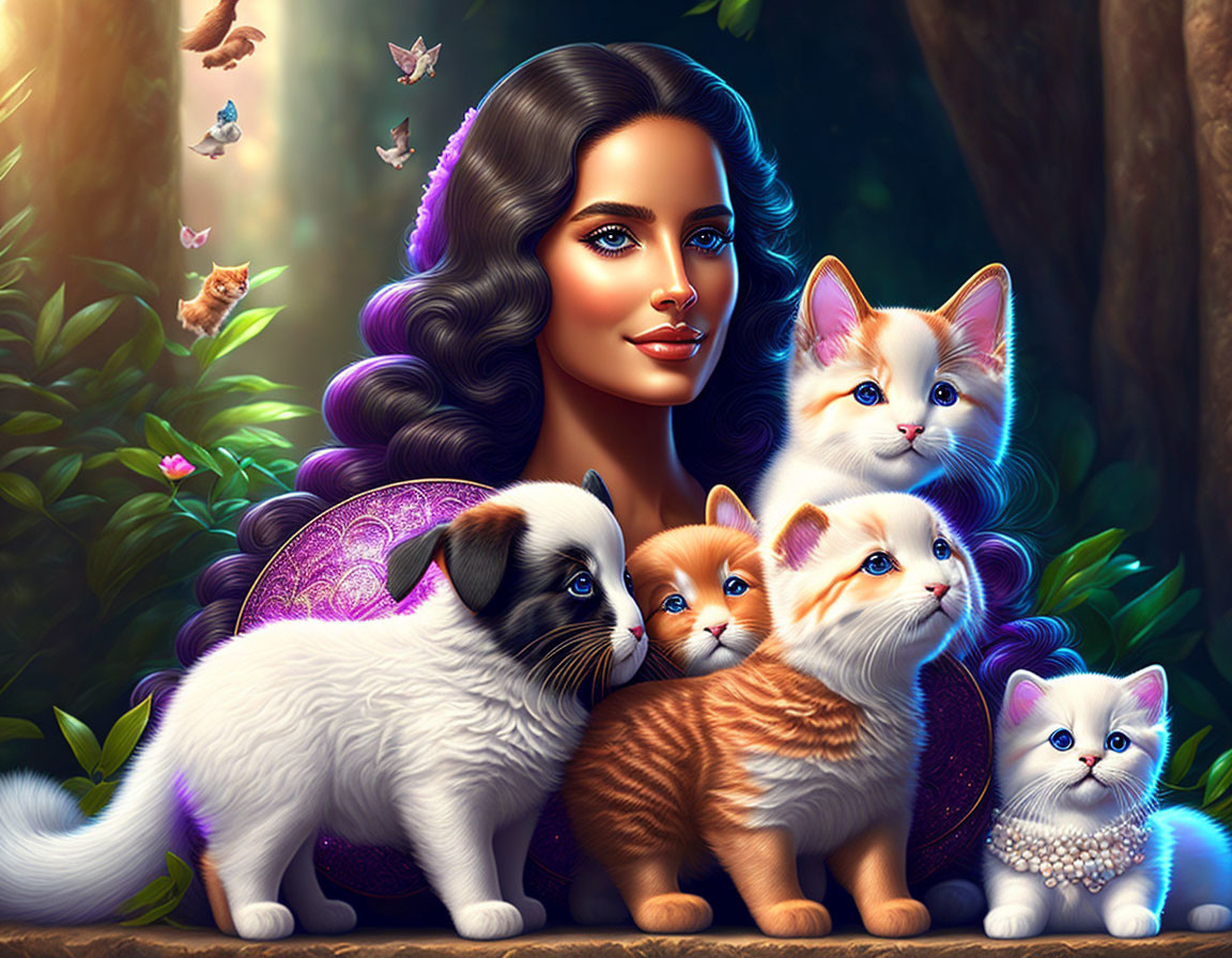 Woman with Kittens and Puppy in Enchanting Forest Scene