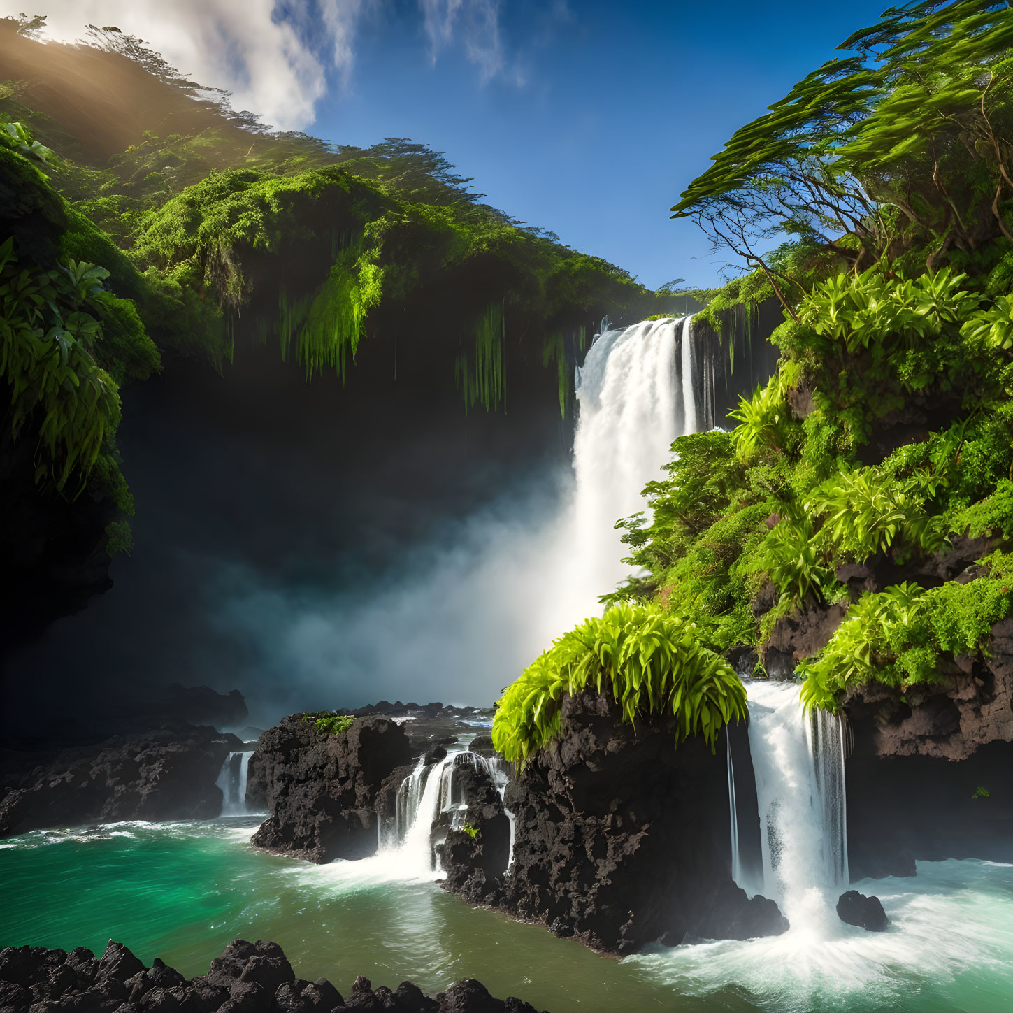 Scenic waterfall with sun rays, lush green foliage, emerald pool, and rocky outcrops