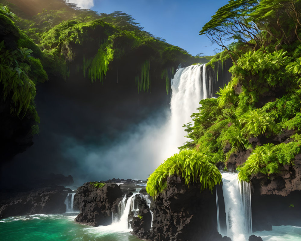 Scenic waterfall with sun rays, lush green foliage, emerald pool, and rocky outcrops