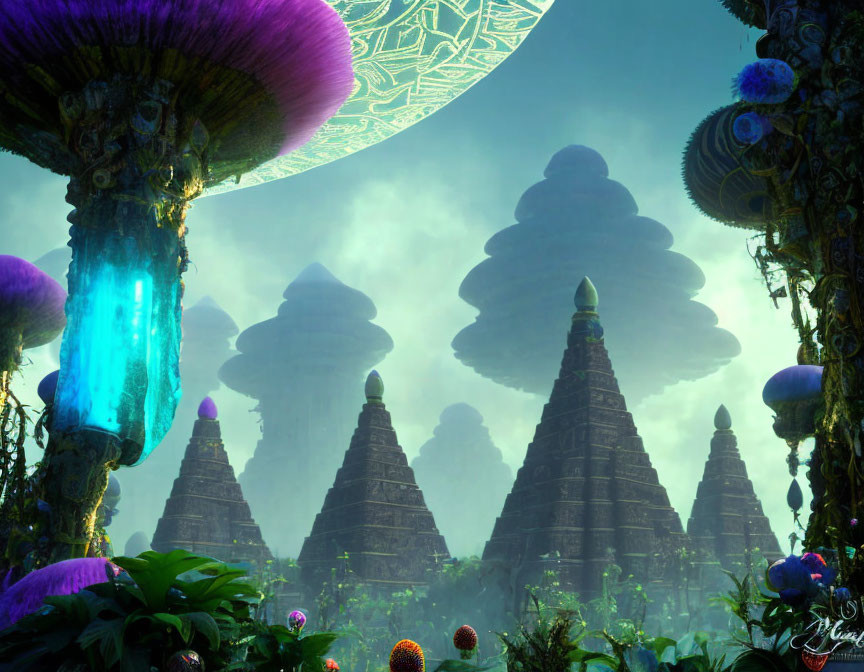 Enchanting forest scene with towering mushroom structures