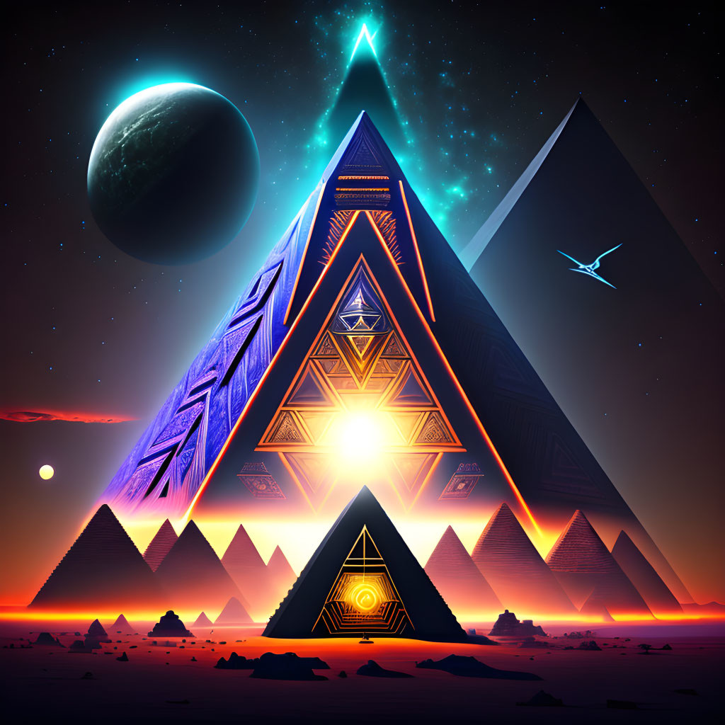 Surreal digital artwork: Glowing pyramids, starry sky, planet, moon, soaring