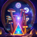 Surreal digital artwork: Glowing pyramids, starry sky, planet, moon, soaring