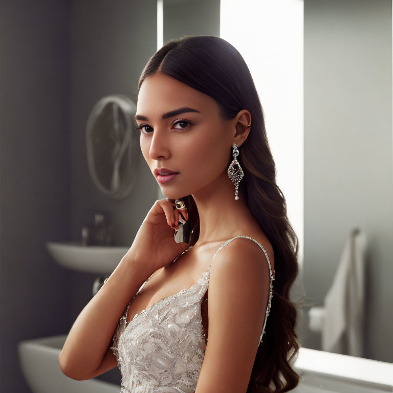 Elegant woman in beaded dress poses by mirror in dimly lit room