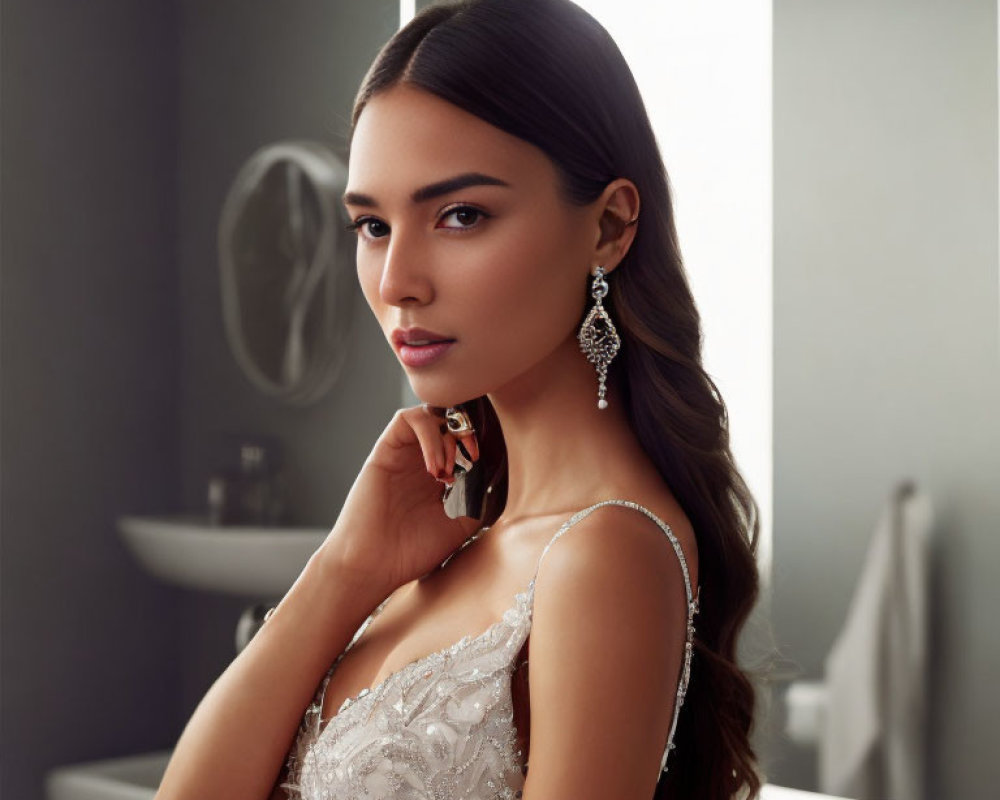 Elegant woman in beaded dress poses by mirror in dimly lit room