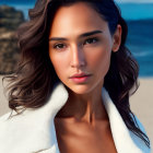 Brunette woman with blue eyes in white coat against beach backdrop