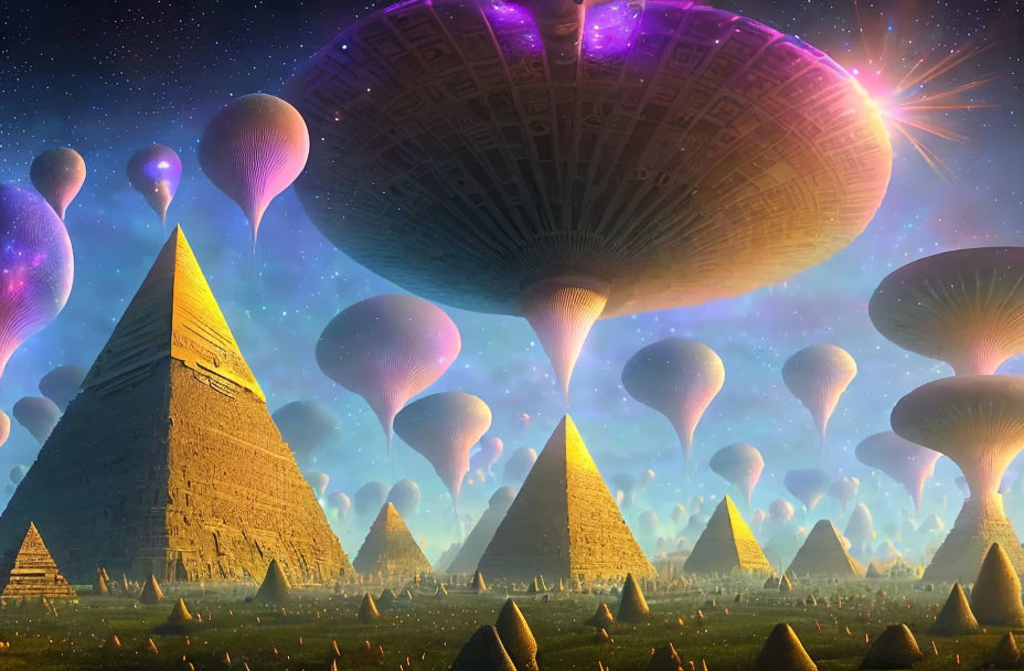 Fantastical landscape with Egyptian pyramids, mushroom structures, and UFO