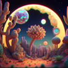 Fantastical landscape with Egyptian pyramids, mushroom structures, and UFO