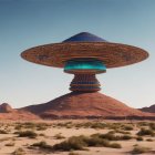 Intricately patterned UFO above desert with spires