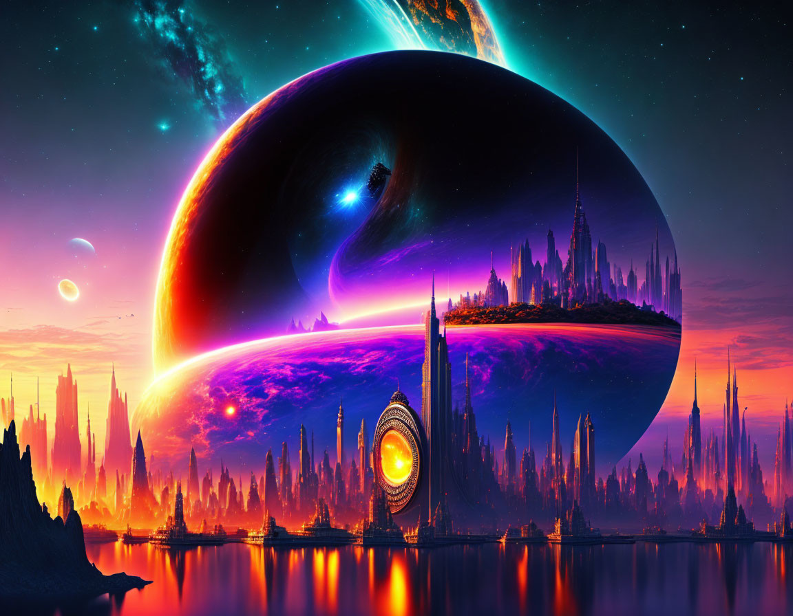 Colorful sci-fi landscape with fantastical spires under an alien sky