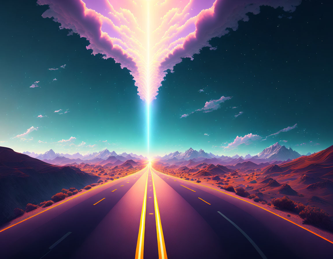 Vivid digital art: Highway to radiant sky crevice in mountainous dusk