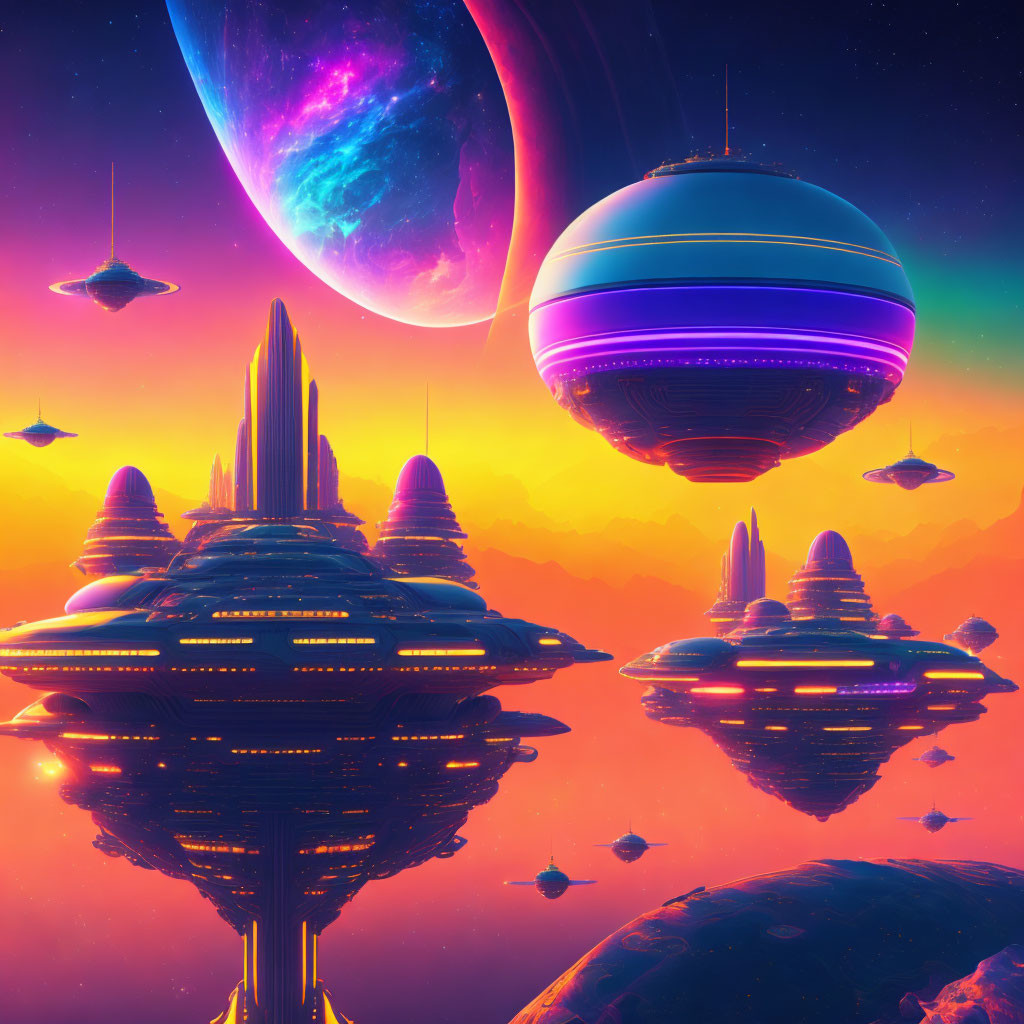 Futuristic sci-fi landscape with buildings, spaceships, planet, and nebula