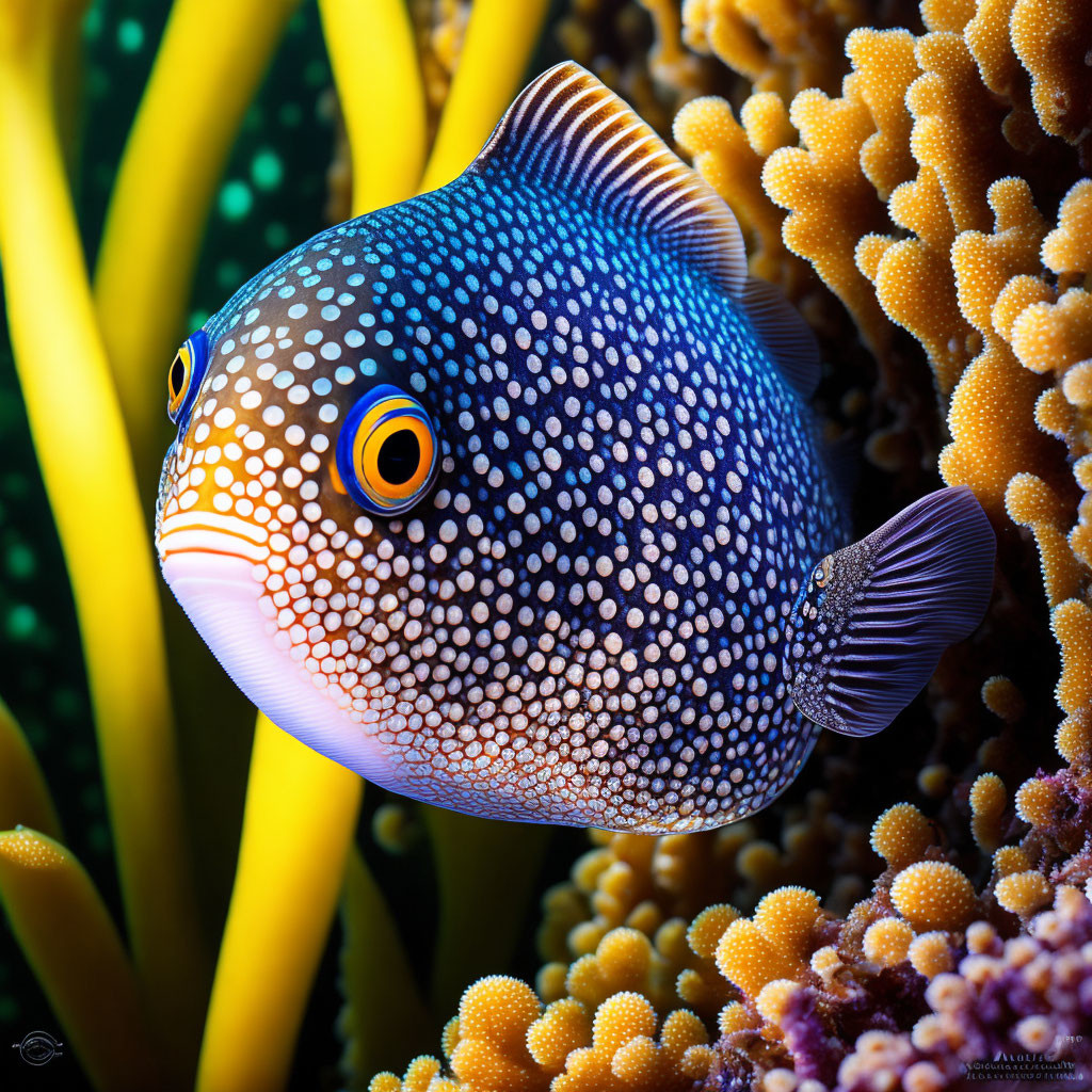 Colorful Spotted Pufferfish Swimming Near Yellow Coral