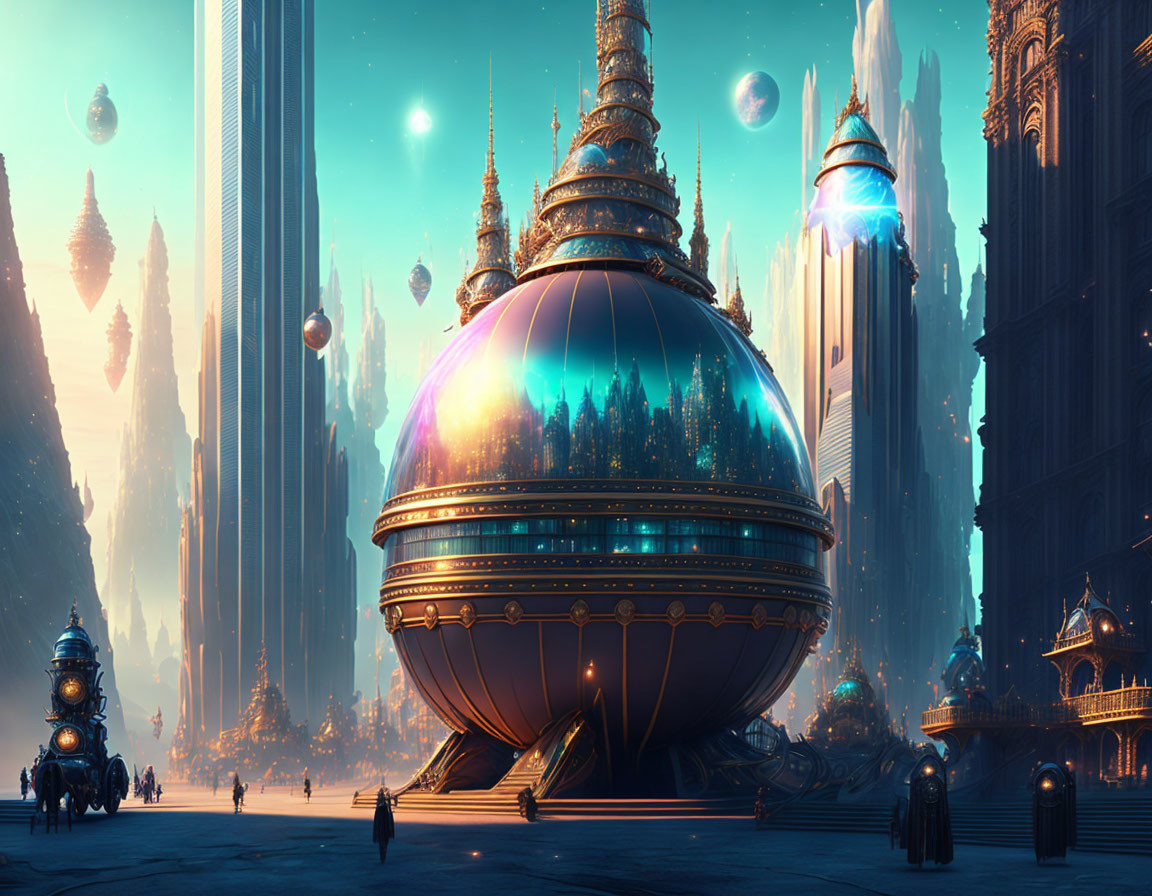 Futuristic cityscape with towering spires, reflective sphere, floating orbs, and people.