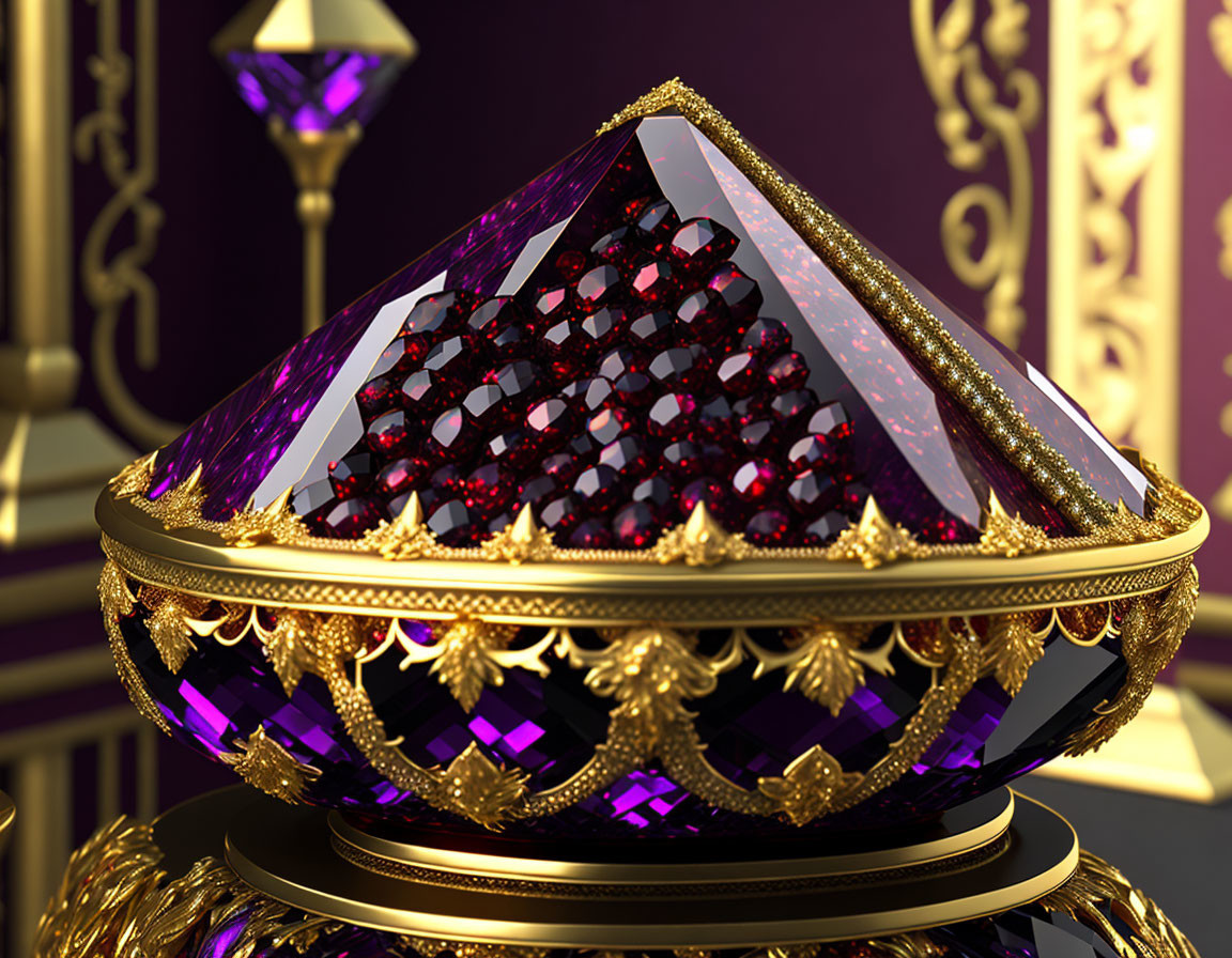 Large Purple and Red Gemstone on Gold Stand with Ornate Decorations