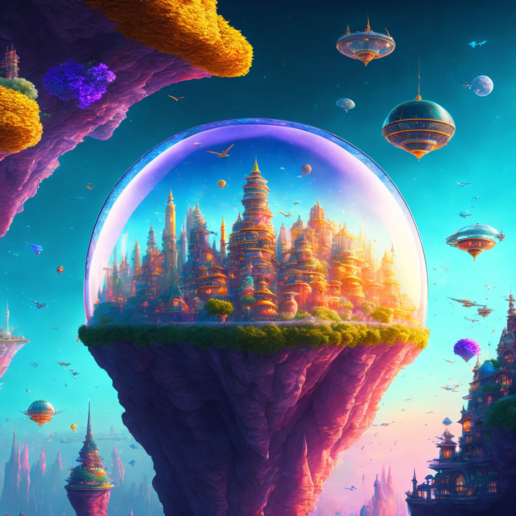 Fantastical city on floating rock in transparent bubble among floating islands under twilight sky