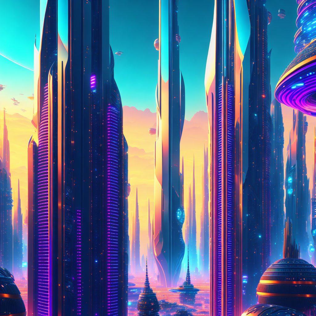 Futuristic cityscape with neon-lit skyscrapers and flying vehicles at sunset