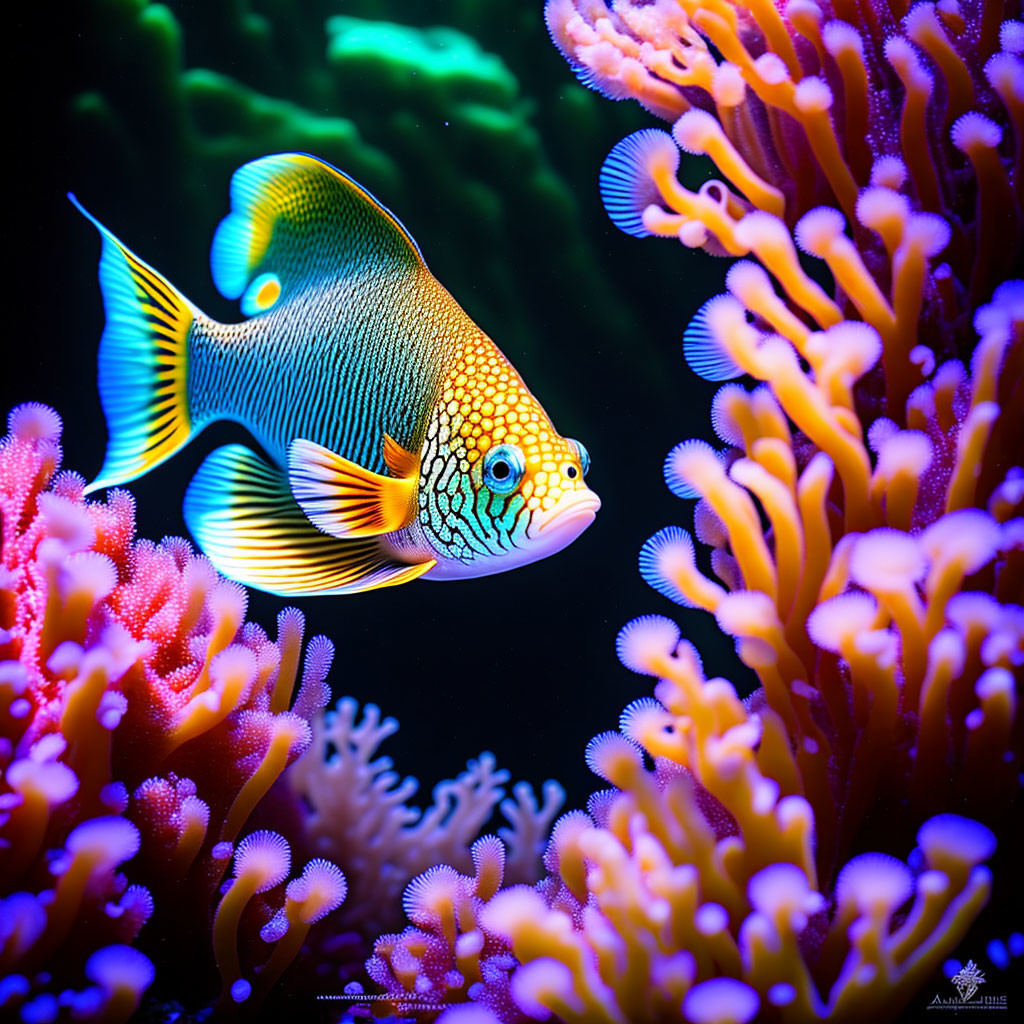 Colorful Tropical Fish Swimming Near Pink Coral in Dark Blue Background