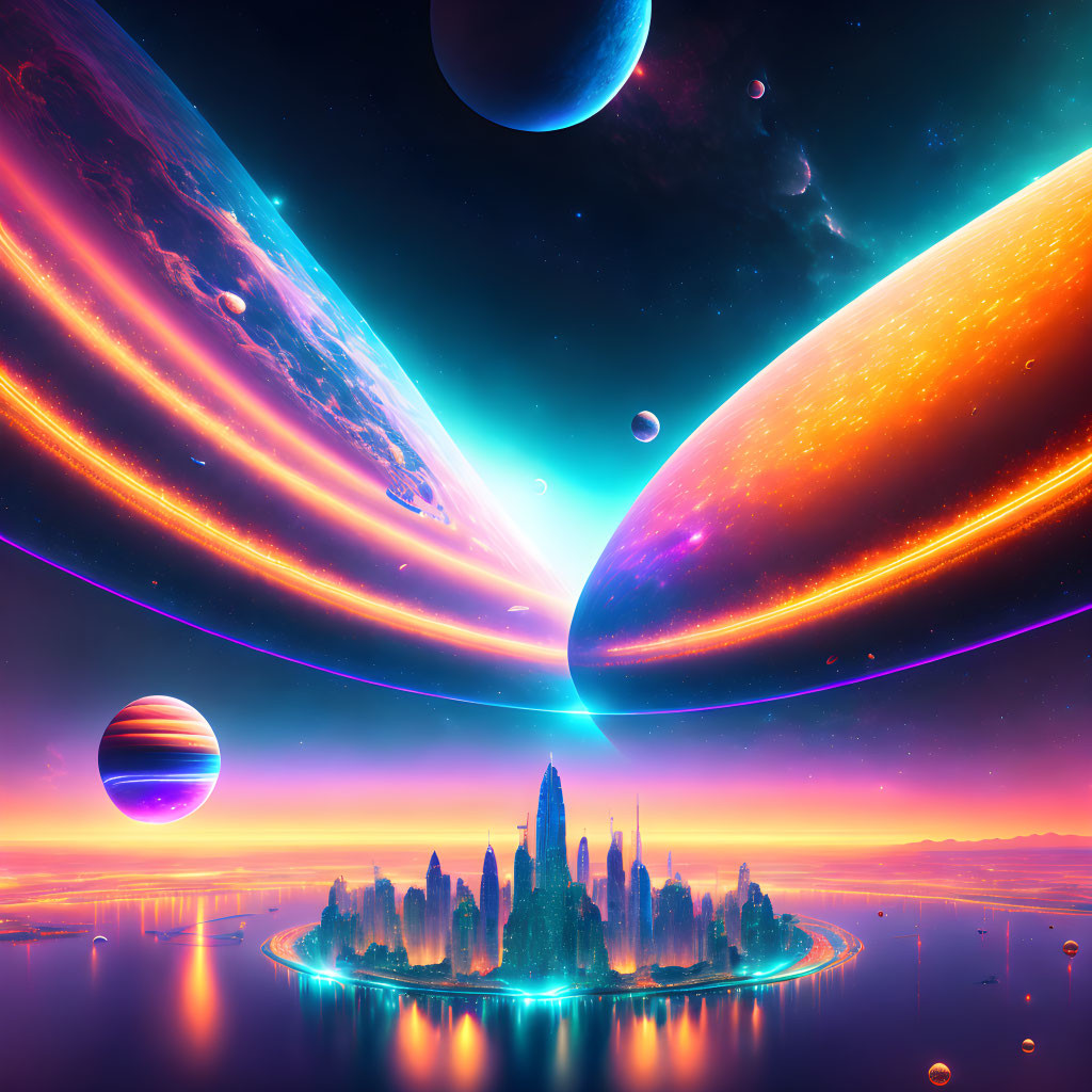 Colorful City Skyline with Cosmic Backdrop and Planets