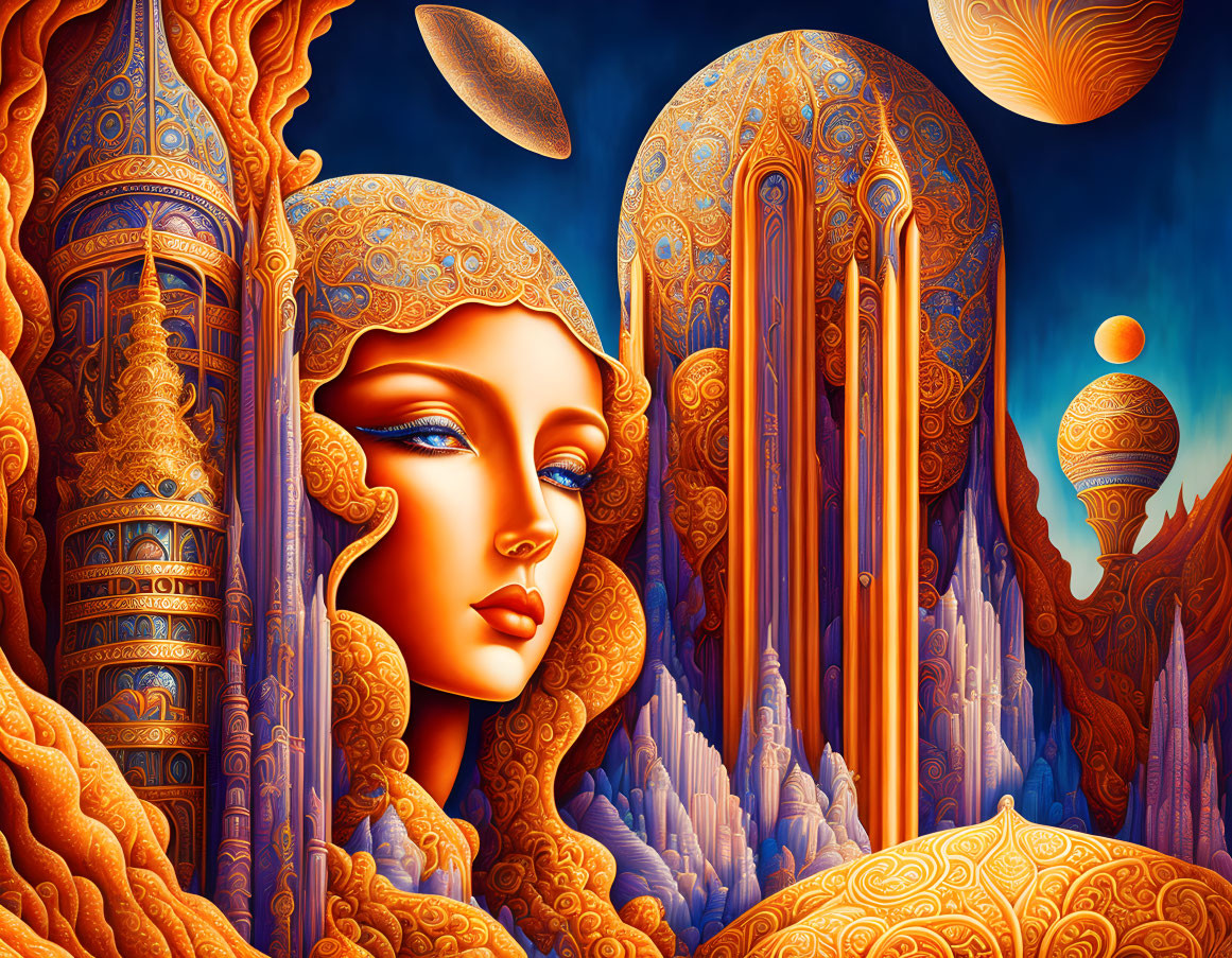 Surrealist artwork: Woman's face fused with architectural elements in celestial setting