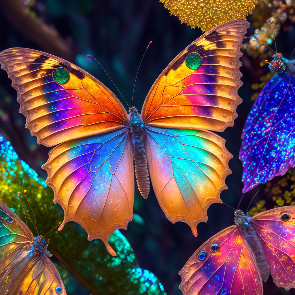 Colorful butterfly with iridescent wings in vibrant close-up.