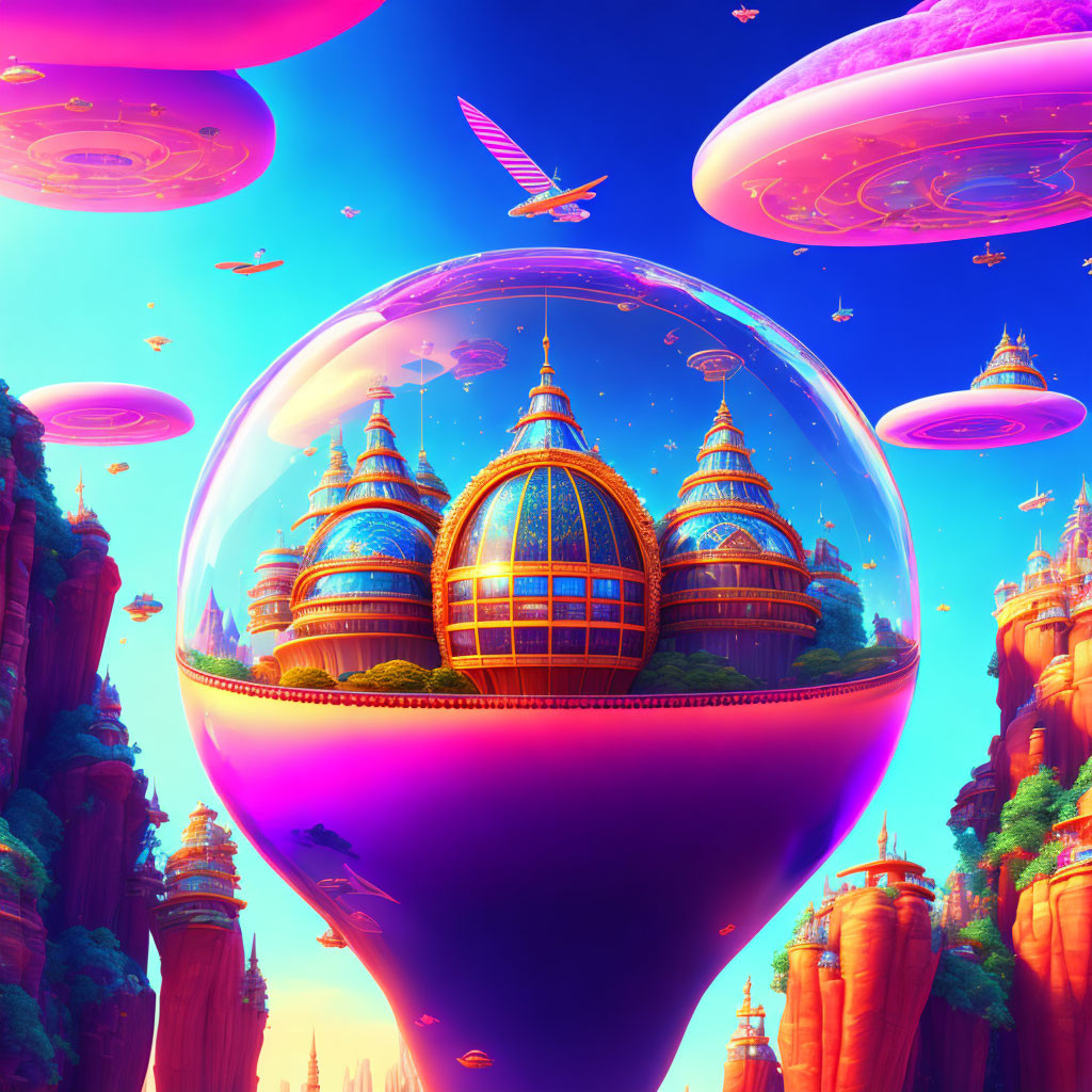 Surreal floating islands with ornate buildings and jellyfish-like entities in vibrant landscape