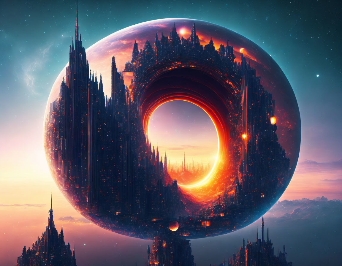 Fantastical sci-fi city with glowing orange portal and towering spires