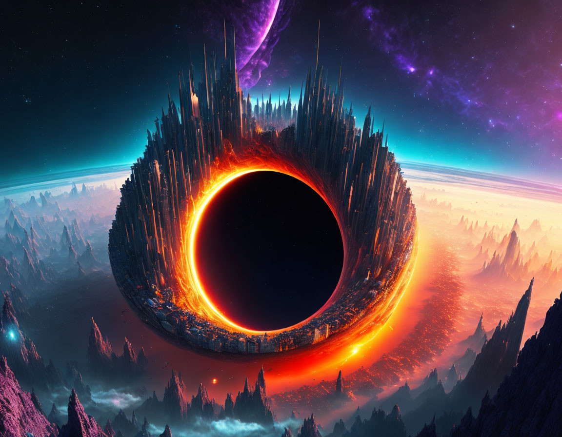 Digital Artwork: Black Hole with Fiery Ring and Cosmic Spire Landscape