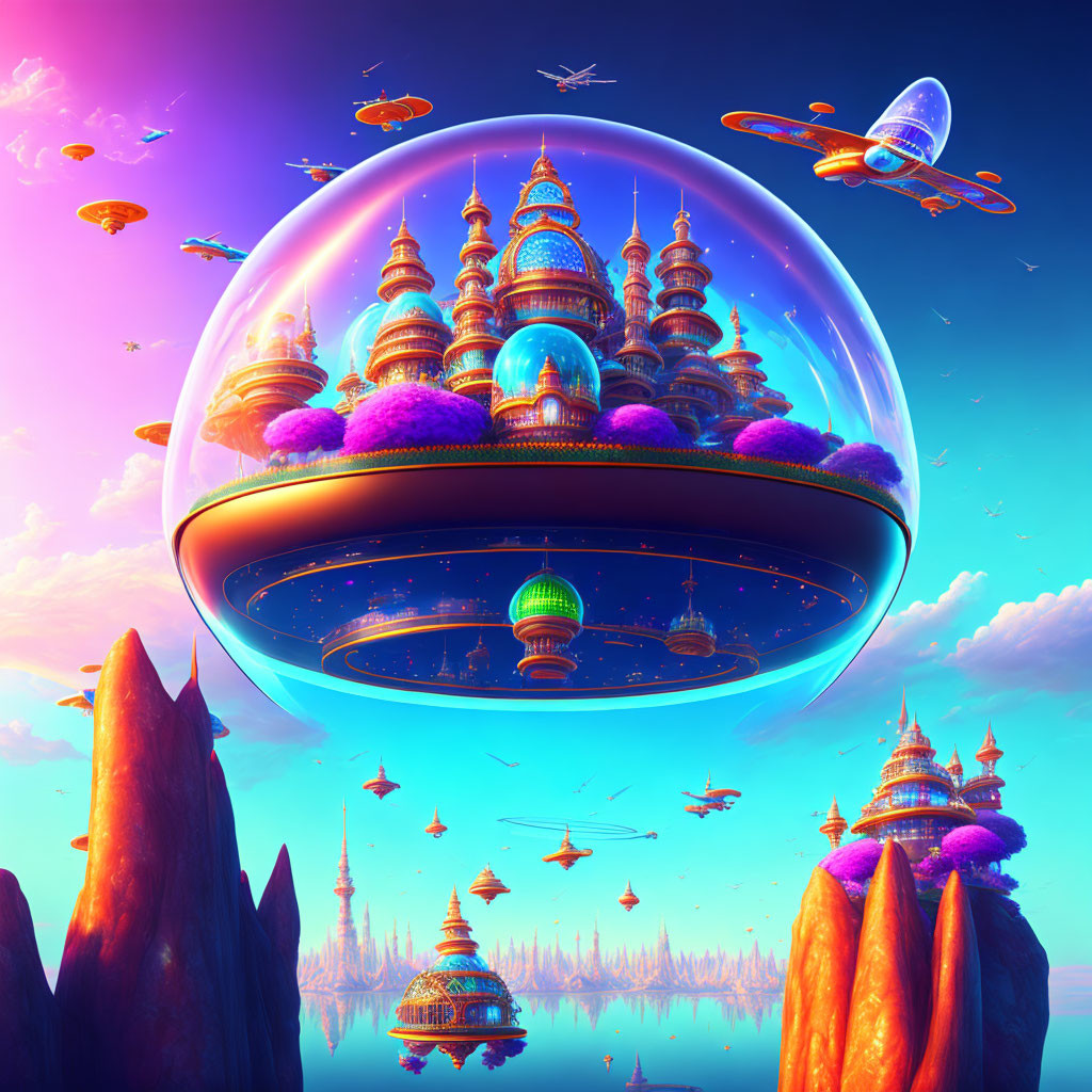 Futuristic sci-fi landscape with floating cities and colorful clouds