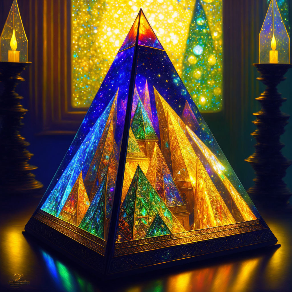 Colorful Glass Pyramid Illuminated by Candlelight