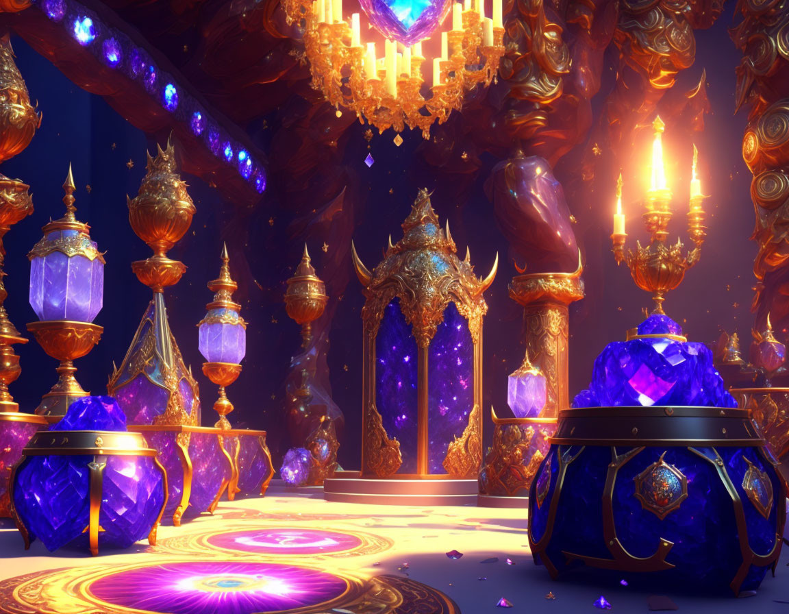 Ornate room with purple crystals and golden chandeliers