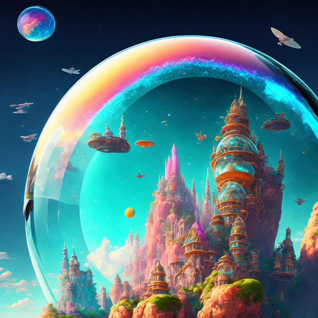 Futuristic sci-fi landscape with bubble-encased city, skyscrapers, flying vehicles,