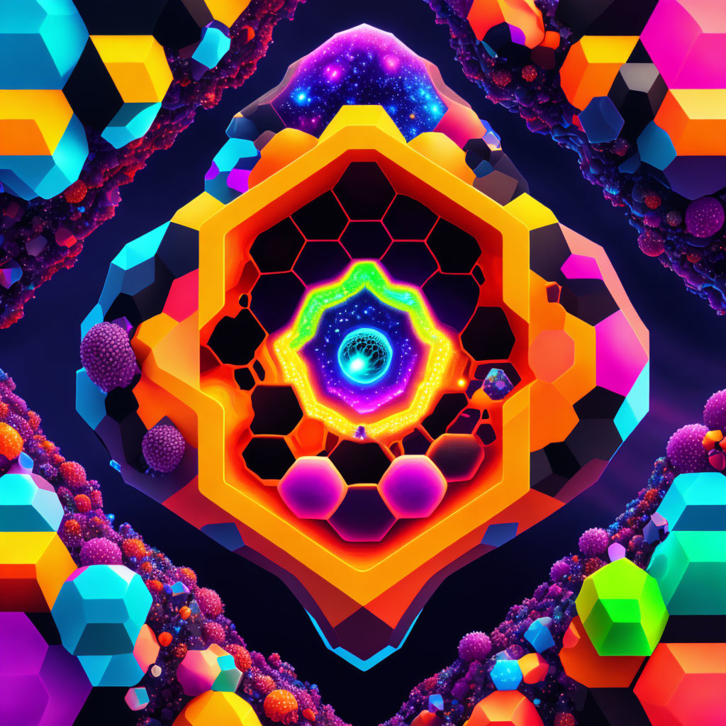 Colorful 3D cubes and spheres in central hexagonal pattern on cosmic background