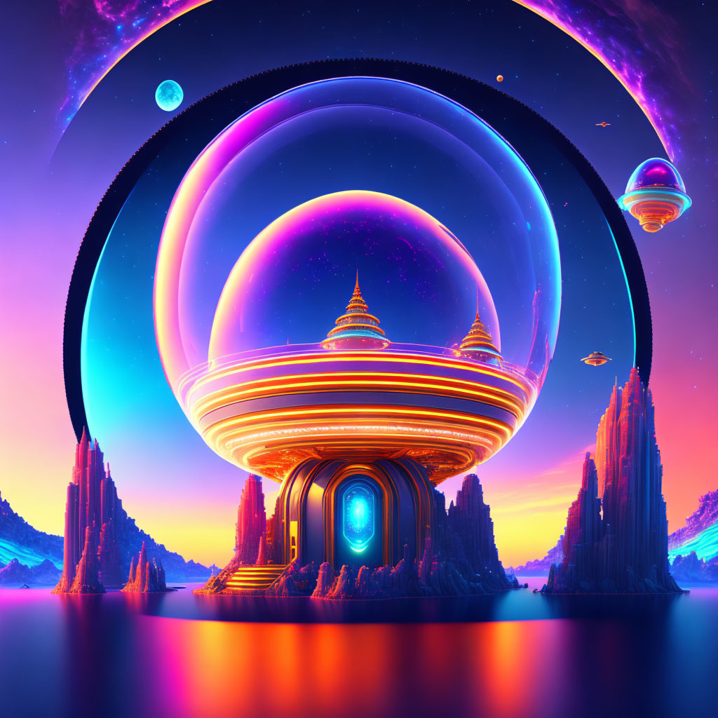 Futuristic dome structure in vibrant sci-fi landscape