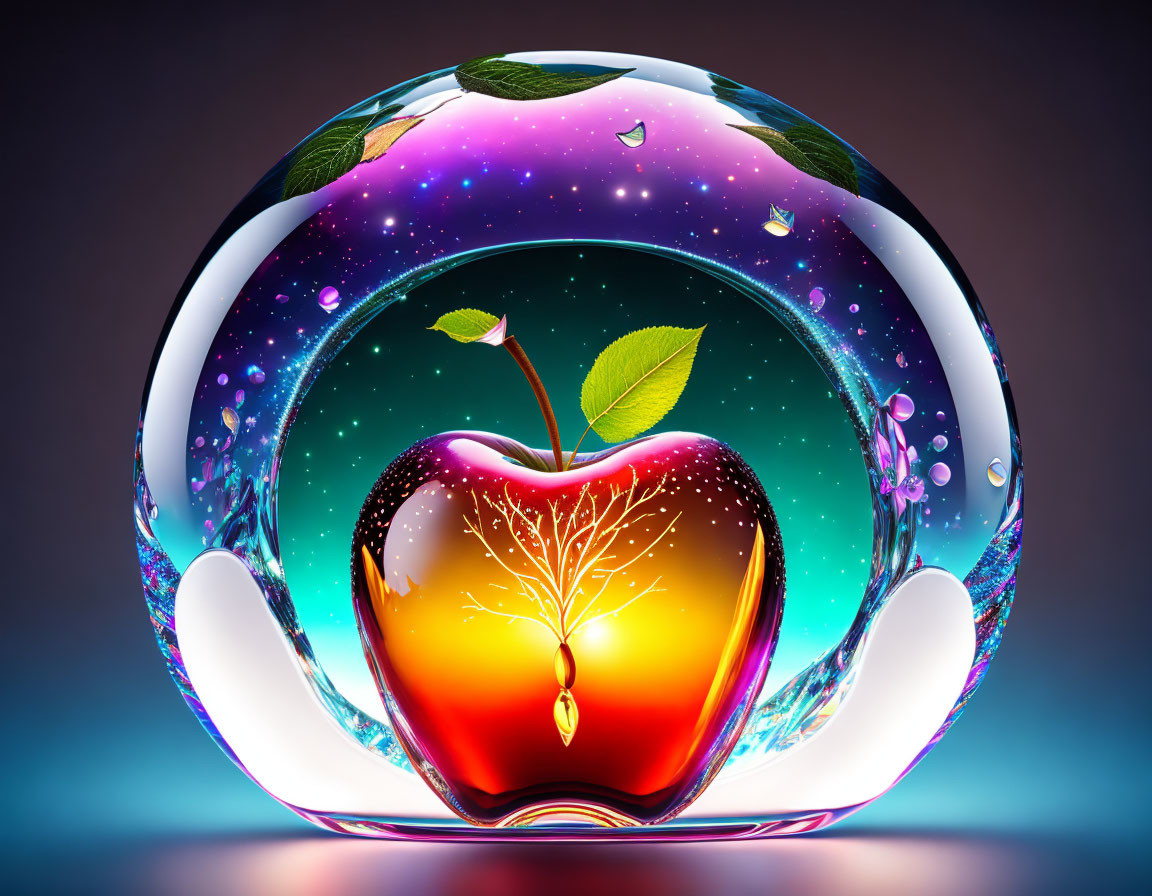 Colorful digital artwork: Red apple in bubble on cosmic background