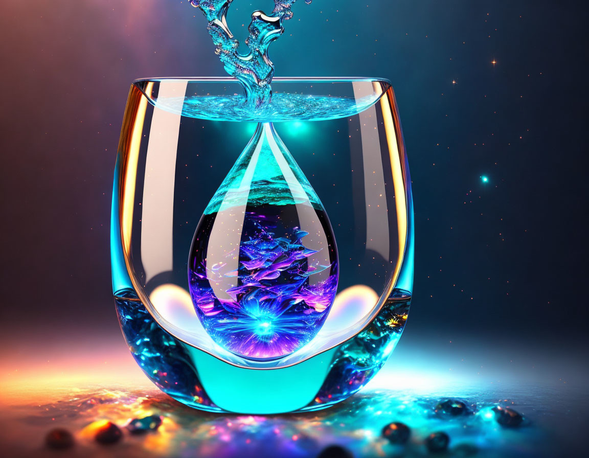 Colorful Glass with Water Splash and Fractal Flower Design