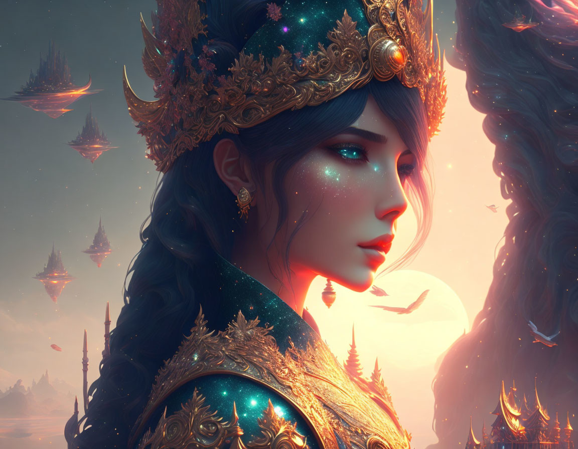 Fantasy portrait featuring woman with golden headgear and floating islands.