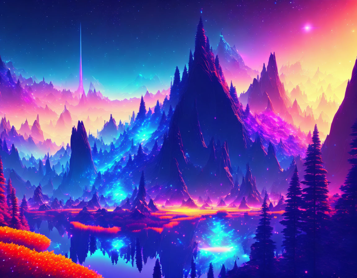 Luminescent fantasy landscape with neon colors and majestic mountains