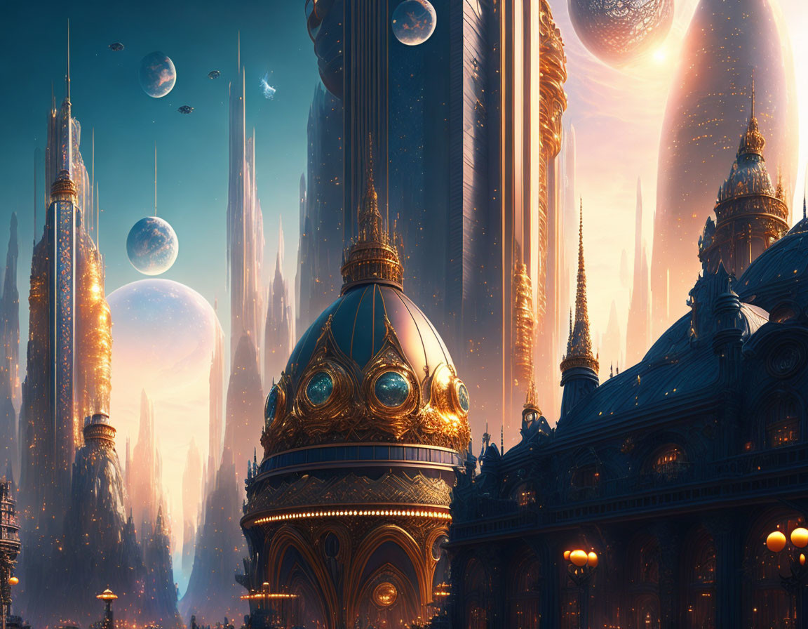 Futuristic cityscape with towering spires and golden domes