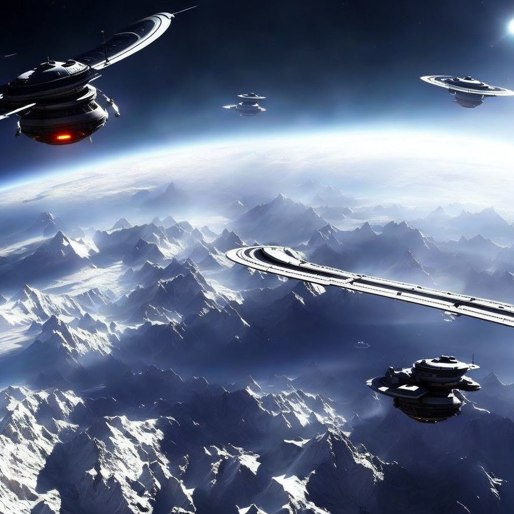 Futuristic space scene with icy mountains, planetary rings, and orbiting spaceships