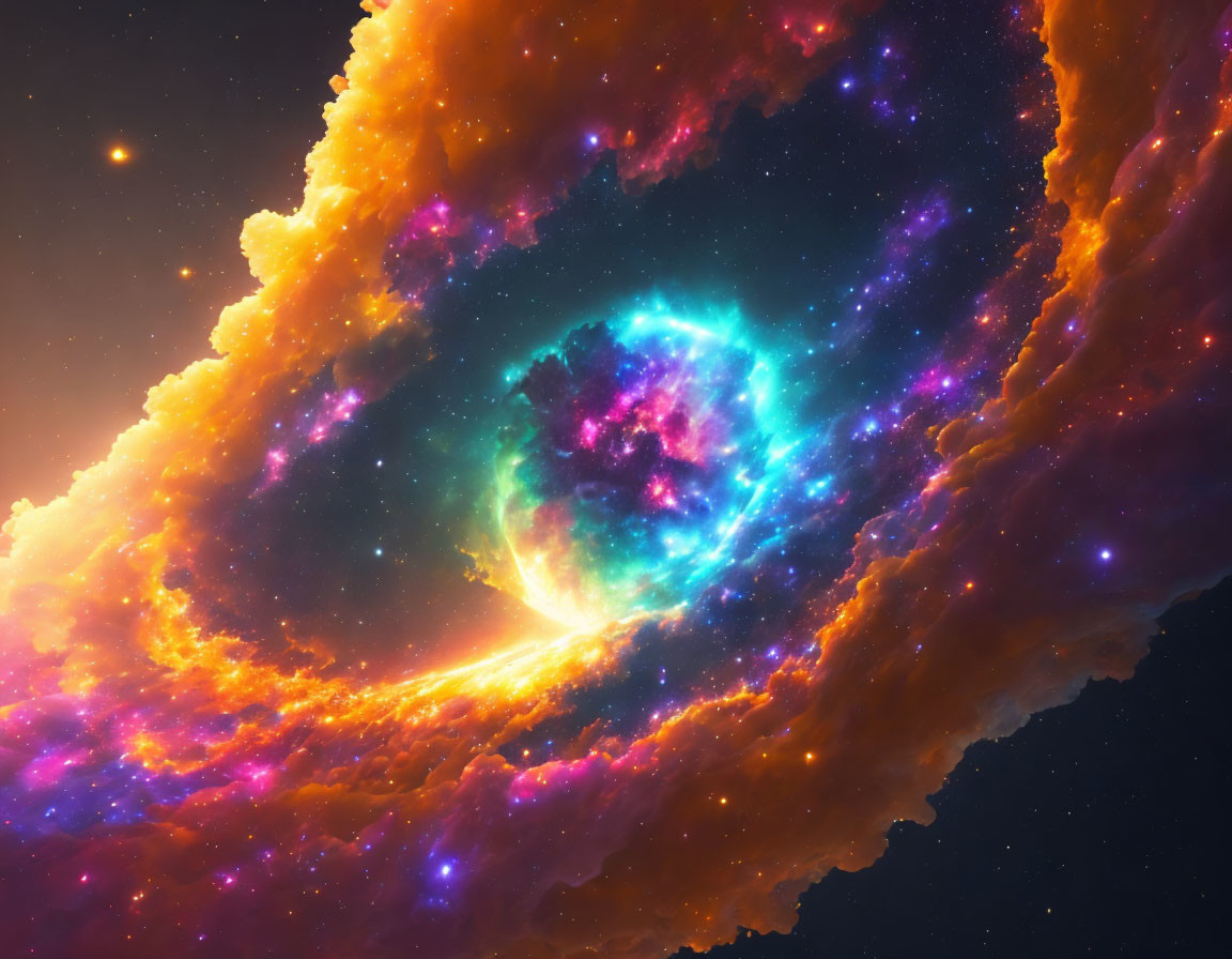 Colorful cosmic scene with glowing nebula in purple, orange, and yellow.