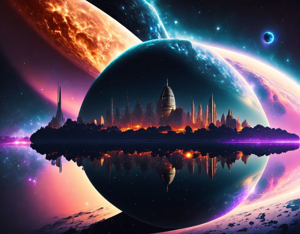 Futuristic city on a planet with galaxy backdrop and celestial bodies reflected.