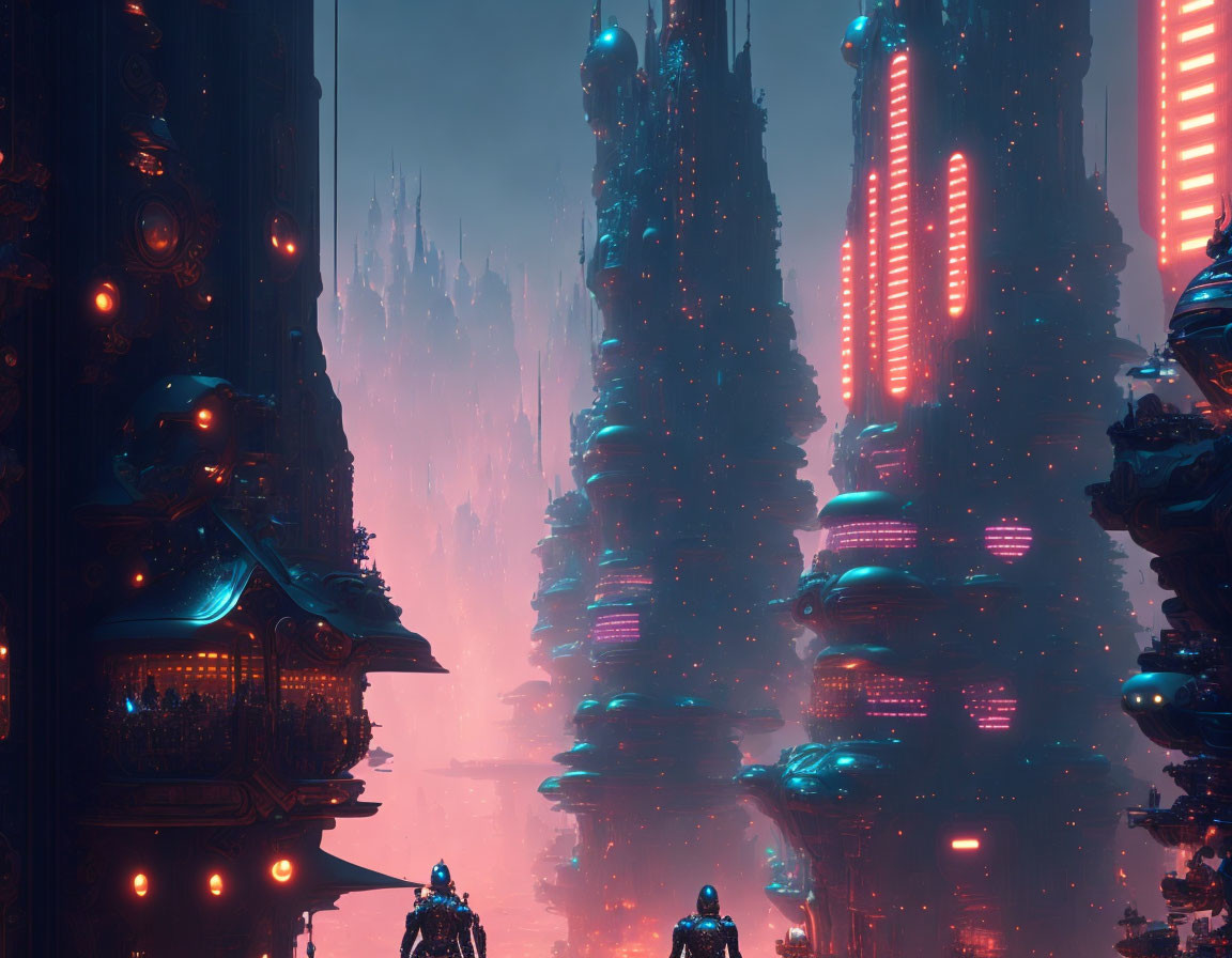 Futuristic cityscape with neon-lit skyscrapers and flying vehicles