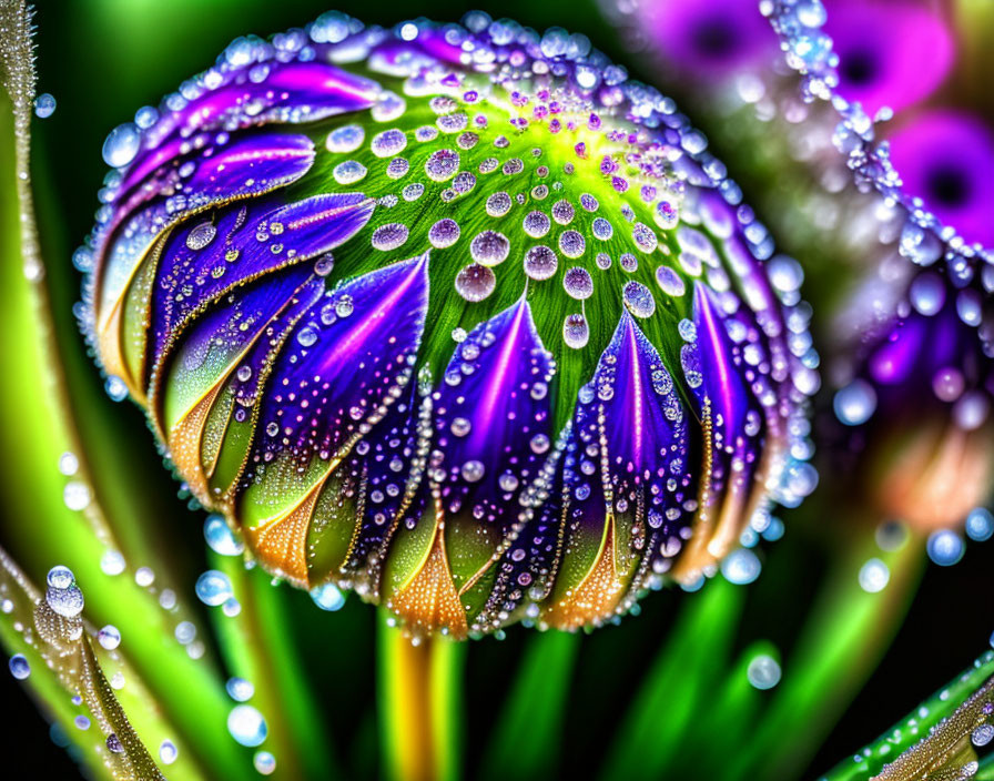 Purple and Green Daisy with Dewdrops and Bokeh Effect