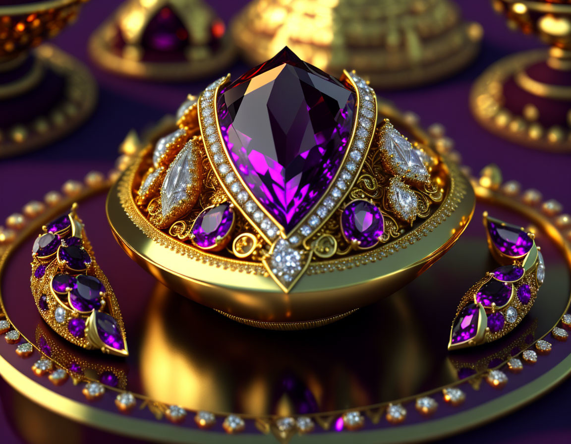 Regal Golden Jewelry with Purple Gemstone & Intricate Designs