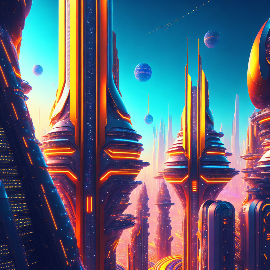 Futuristic cityscape with neon-lit towers and floating orbs