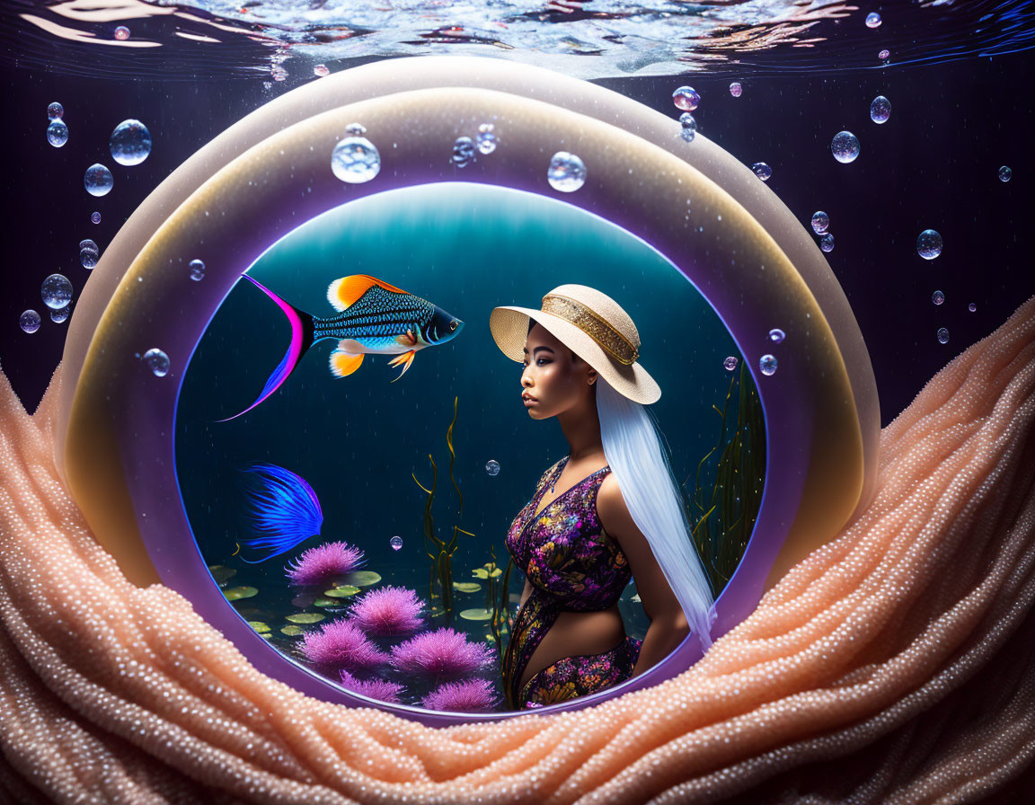 Woman in swimsuit and hat in underwater bubble with coral and fish