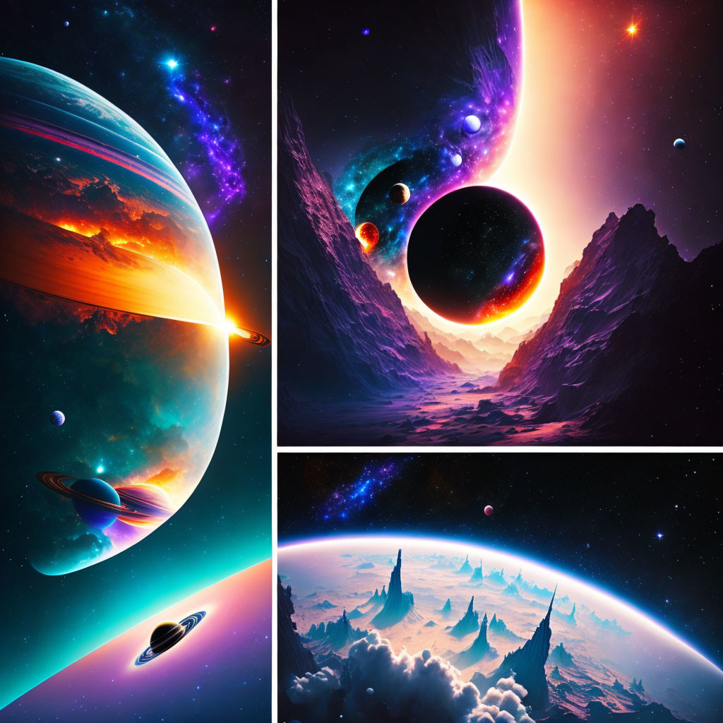 Vibrant cosmic triptych: planets, solar eclipse, stars, and celestial landscapes under colorful