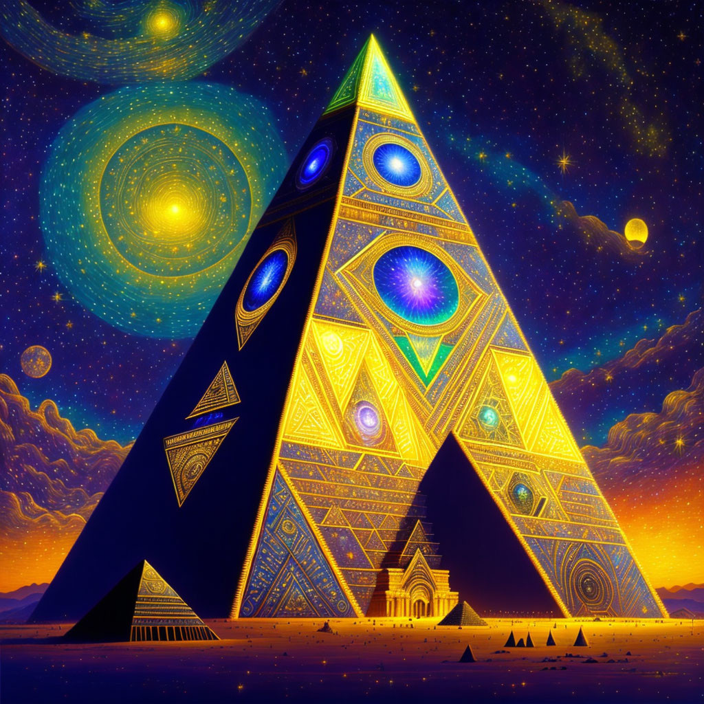 Colorful Pyramid Artwork with Eye Motifs and Cosmic Sky