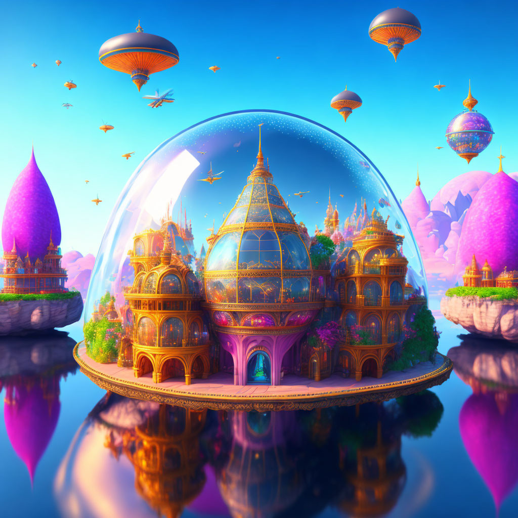 Glass Dome Palace with Purple Mountains and Airships in Vibrant Sky