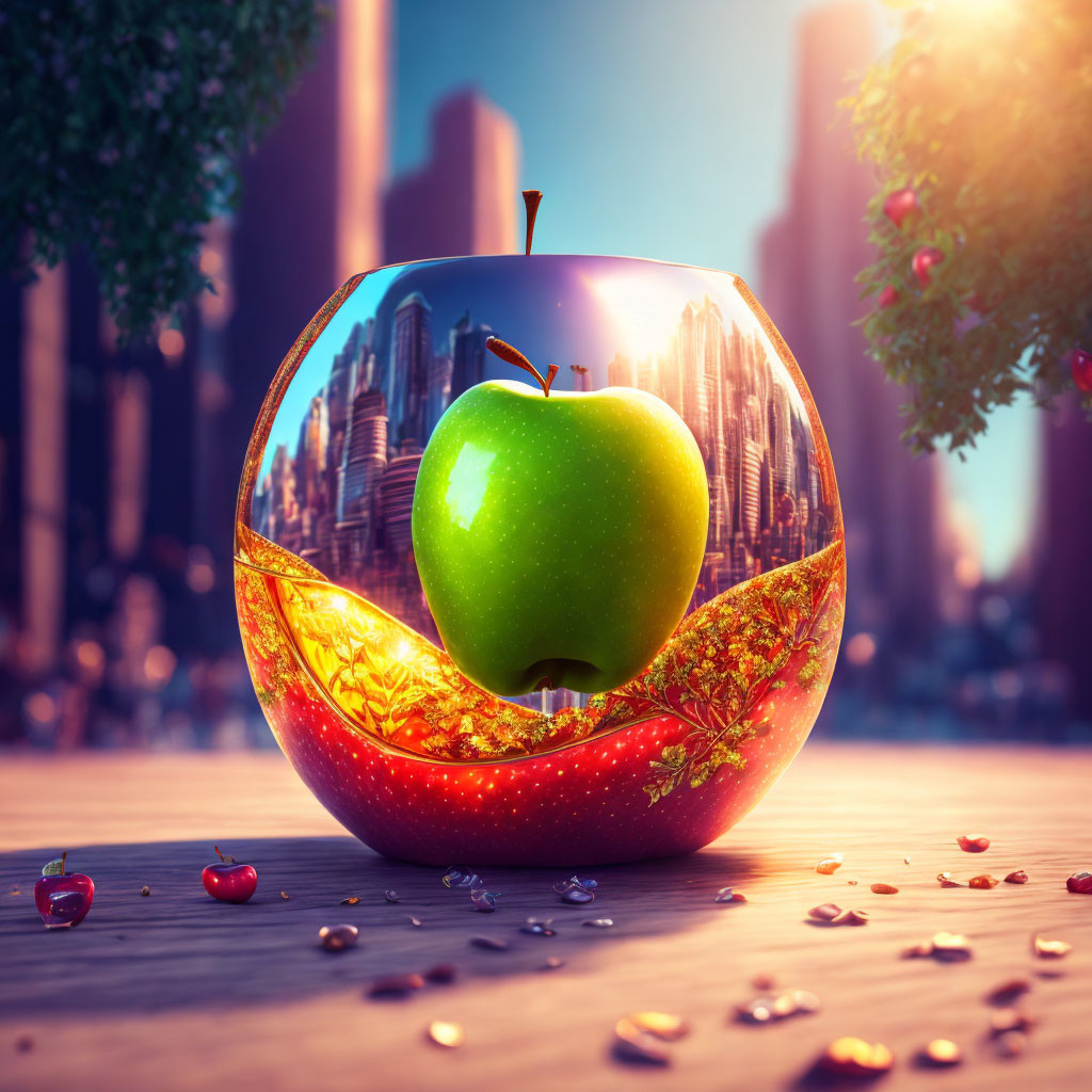 Surreal image of transparent apple with cityscape inside on wooden surface